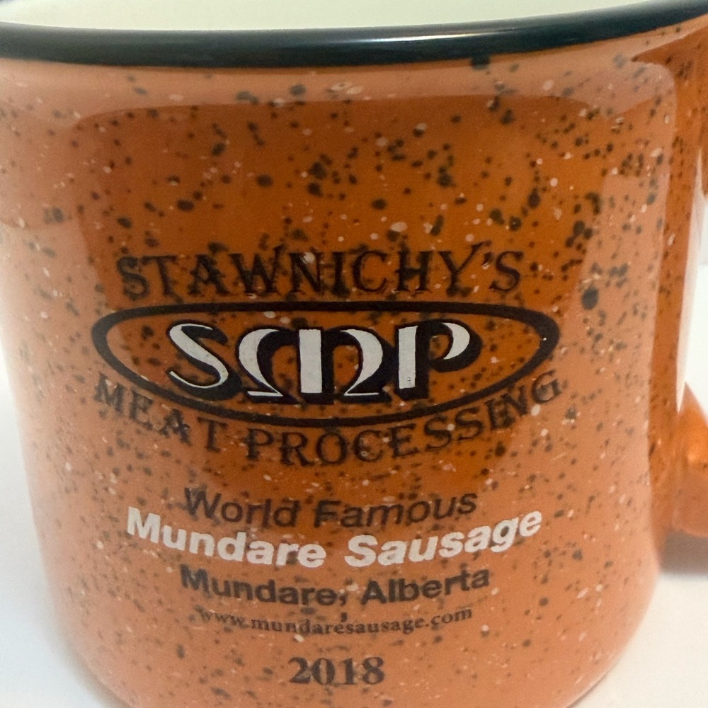 Stawnichy's Mundare Sausage Orange Speckled Ceramic Mugs, White Campfire mug